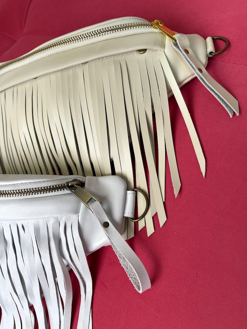 Black Leather Waist Bag, Small Fanny Pack for Women, Fringe Banana Bag Festival image 8