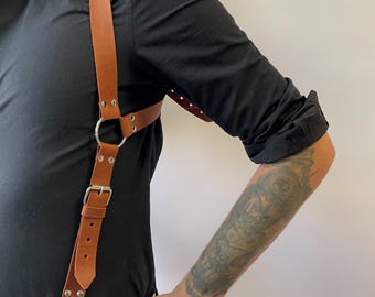 Thin Brown Leather Suspenders, Men Chest Harness, Personalized Fathers Day Gift
