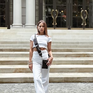 Leather bandolier belt black Cell phone strap crossbody bag 11 12 13 14 15 16 iPhone case wallet Utility holster pouch Mothers day gift
