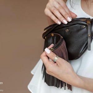 Black Leather Waist Bag, Small Fanny Pack for Women, Fringe Banana Bag Festival Brown