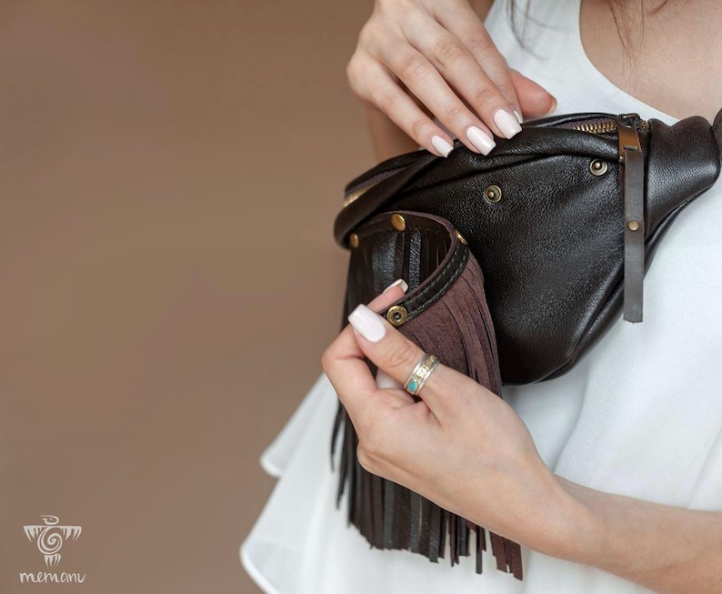 Black Leather Waist Bag, Small Fanny Pack for Women, Fringe Banana Bag Festival Brown