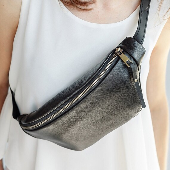 black leather fanny pack womens
