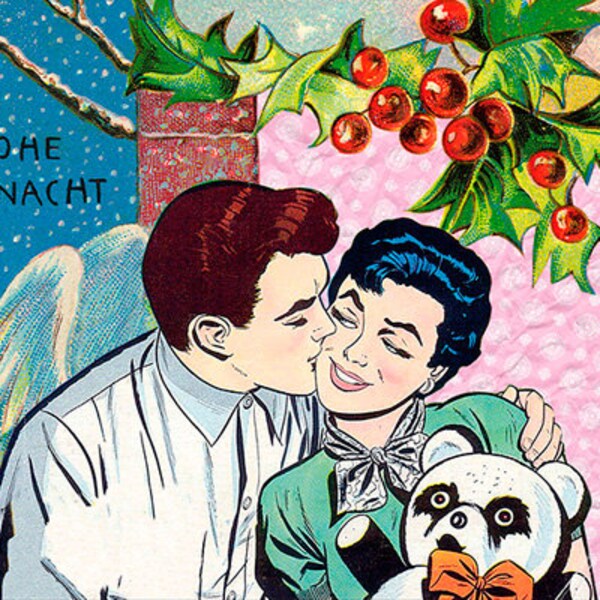 Christmas card "Lovers below the mistletoe" (09),kisses, snow, angel, panda bear, lovers, x-mas present, xmas comic strip