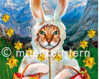Postcard "Hier kommt der Eiermann" (24), Easter card,Easter greeting,for children,Easter bunny,cat,Easter bells,Daffodils,Happy Easter