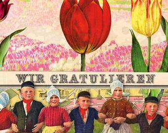 Geburtstagskarte "Kinder mit Tulpen" (13), wir gratulieren,holländische Kinder in Holzschuhen und Tracht , Blumen