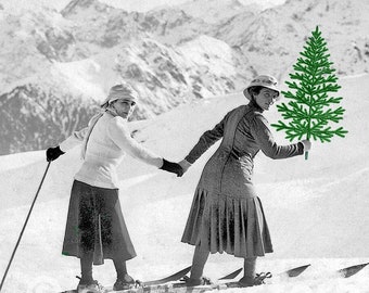 Kerstkaart "Jong meisje in de sneeuw op ski's met een kerstboom" (40) in zwart-wit als wenskaart