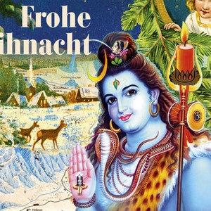 May include: A colourful image with a winter scene of a snowy village and a deer in the foreground. The image also features a blue-skinned deity with a snake around its neck, holding a trident and a drum. The text "Frohe Weihnachten" is written in white letters at the top of the image.