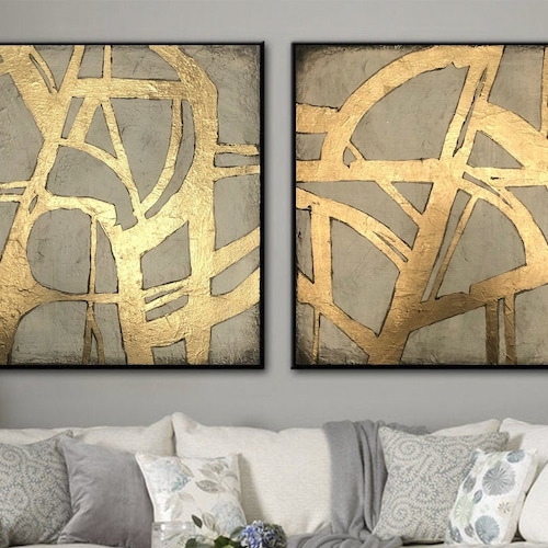 Set of 3 Pieces Gold Abstract Painting Gold Leaf Canvas Art | Etsy