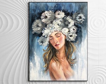 Flower Head Painting Figurative Wall Art Abstract Portrait Painting Girl with Flowers Canvas Art Blue Artwork Sexy Woman in Bloom Painting