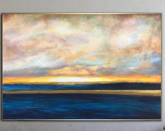 Large Ocean Painting Gold Horizon Painting Abstract Sunset Painting Blue Ocean Painting Thick Paint Unique Abstract Painting Original Art