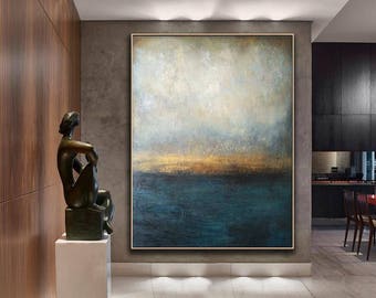 Large Original Painting On Canvas Blue Painting Gray Painting Sunset Painting Artwork Original Textured Abstract Painting Dine Room Wall Art