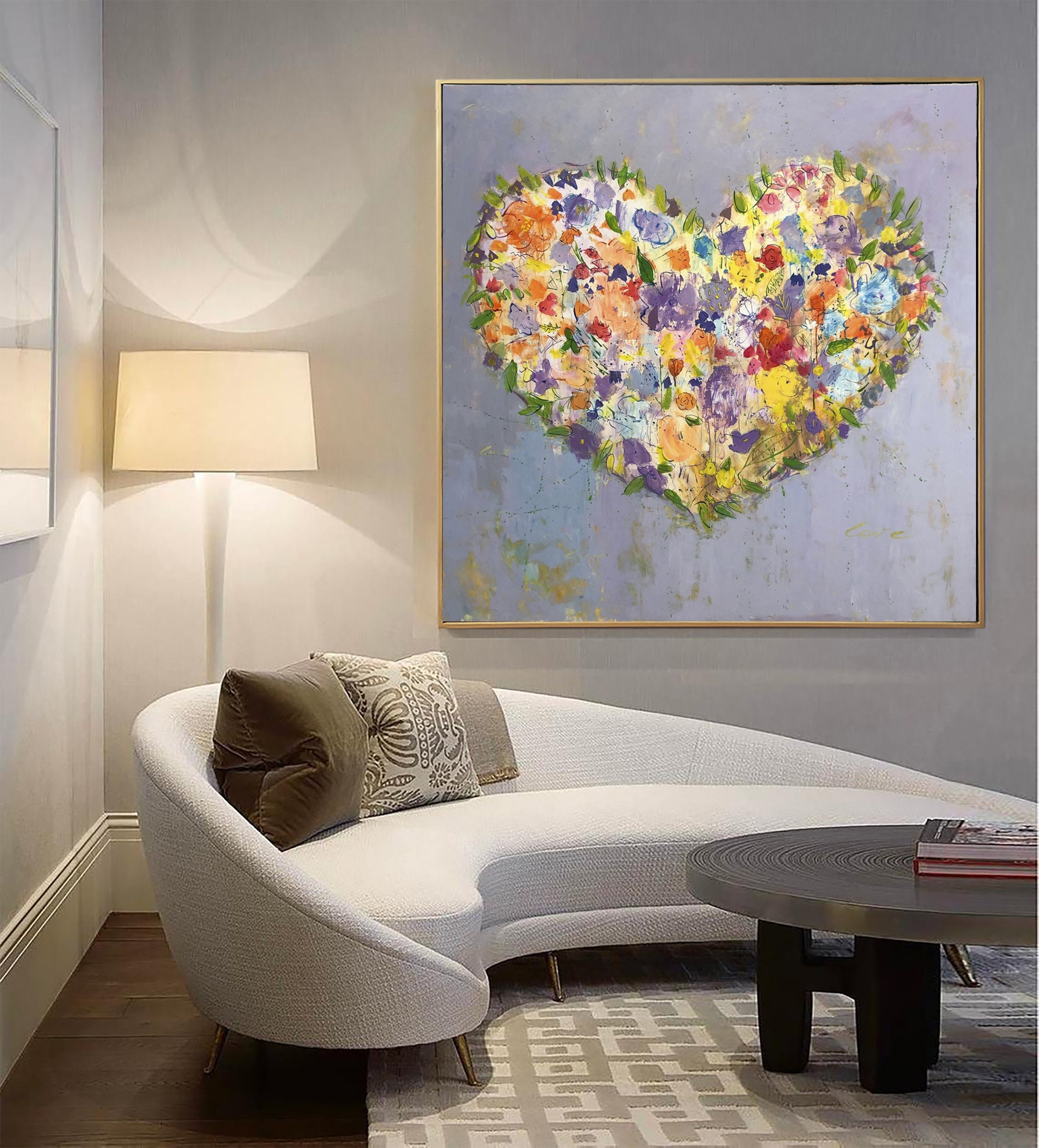 Abstract Flower Heart Painting on Canvas Romantic Colorful Etsy