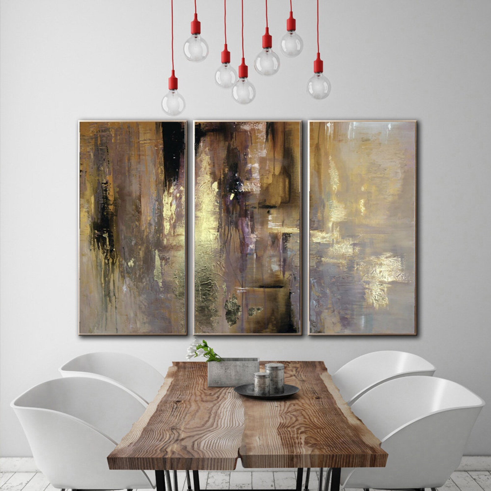 Beige and Gold Wall Art Triptych Painting Gold Leaf Artwork Etsy