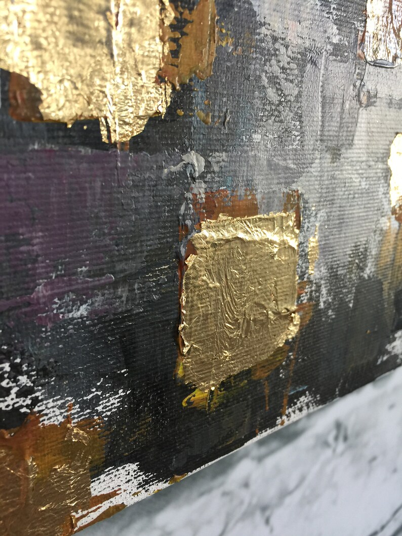 Charcoal Wall Art Gold Leaf Abstract Painting White Wall Art | Etsy