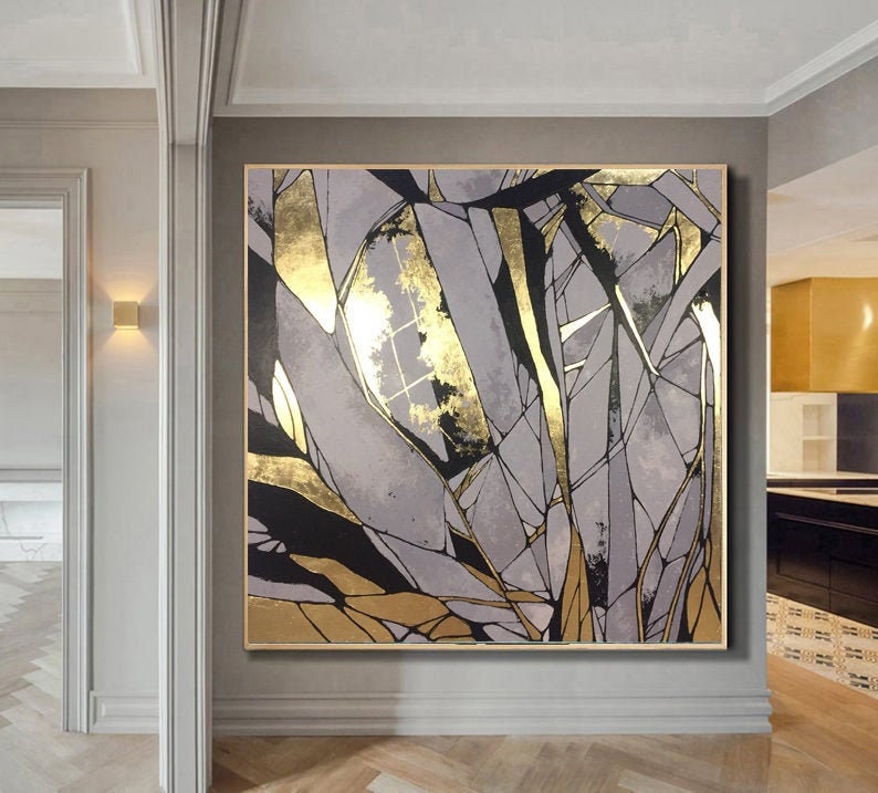 Original Gold Leaf Painting Large Abstract Painting Gray Etsy