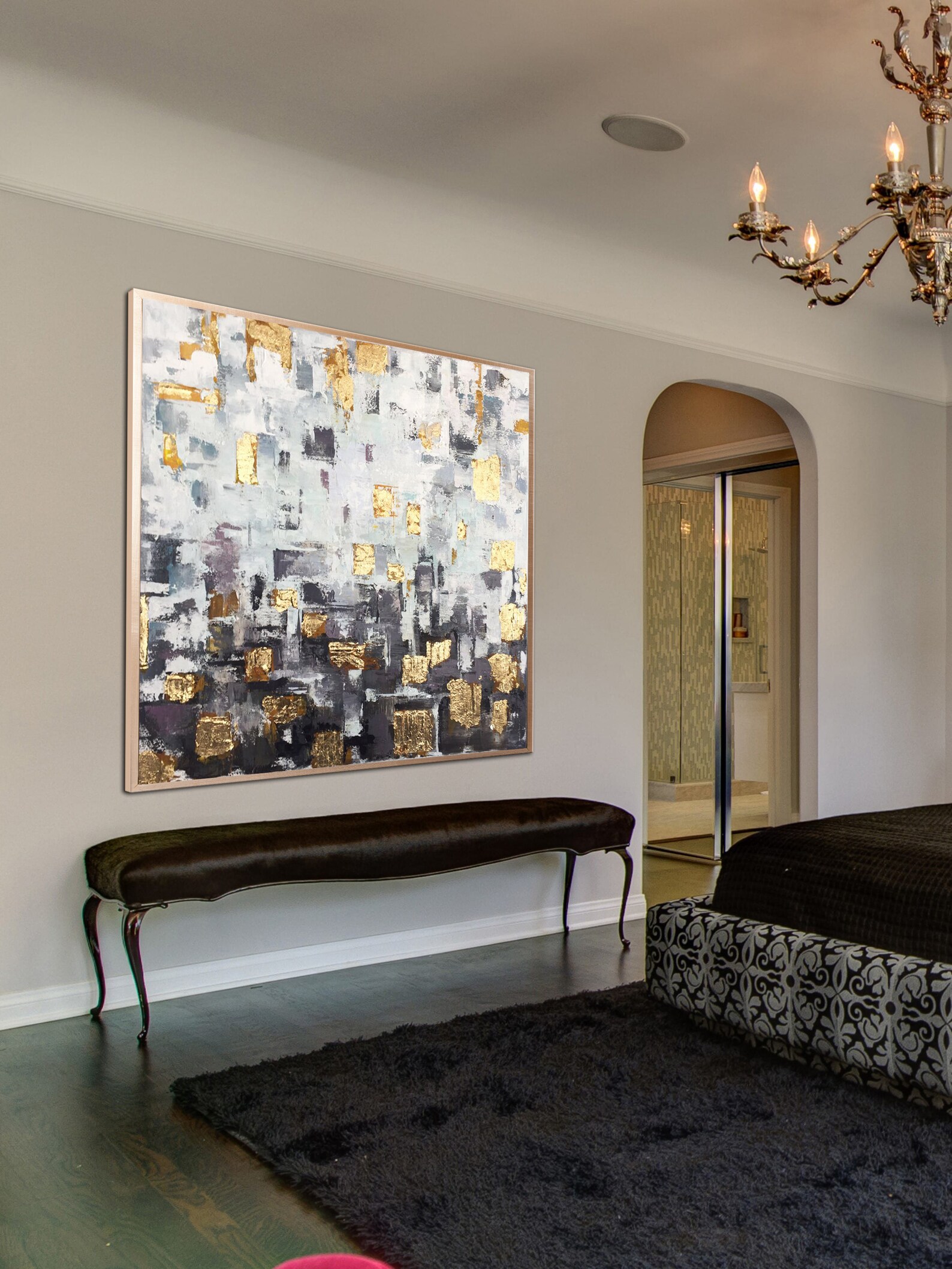 Charcoal Wall Art Gold Leaf Abstract Painting White Wall Art Etsy