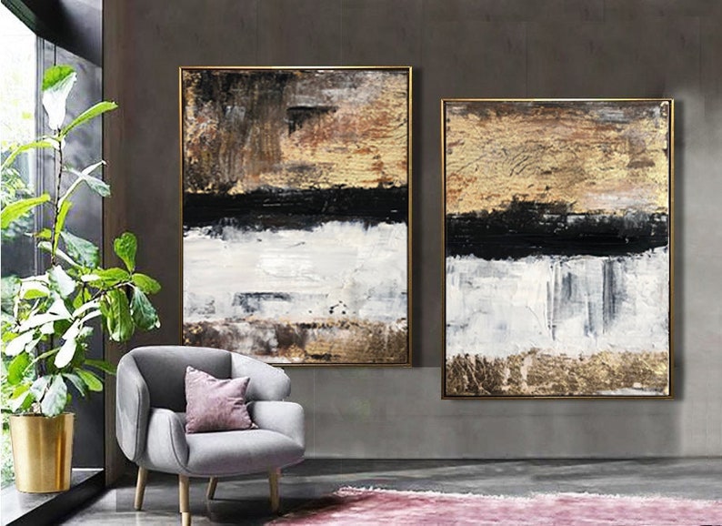 Original Gold Leaf Paintings on Canvas Diptych Artwork Large Etsy