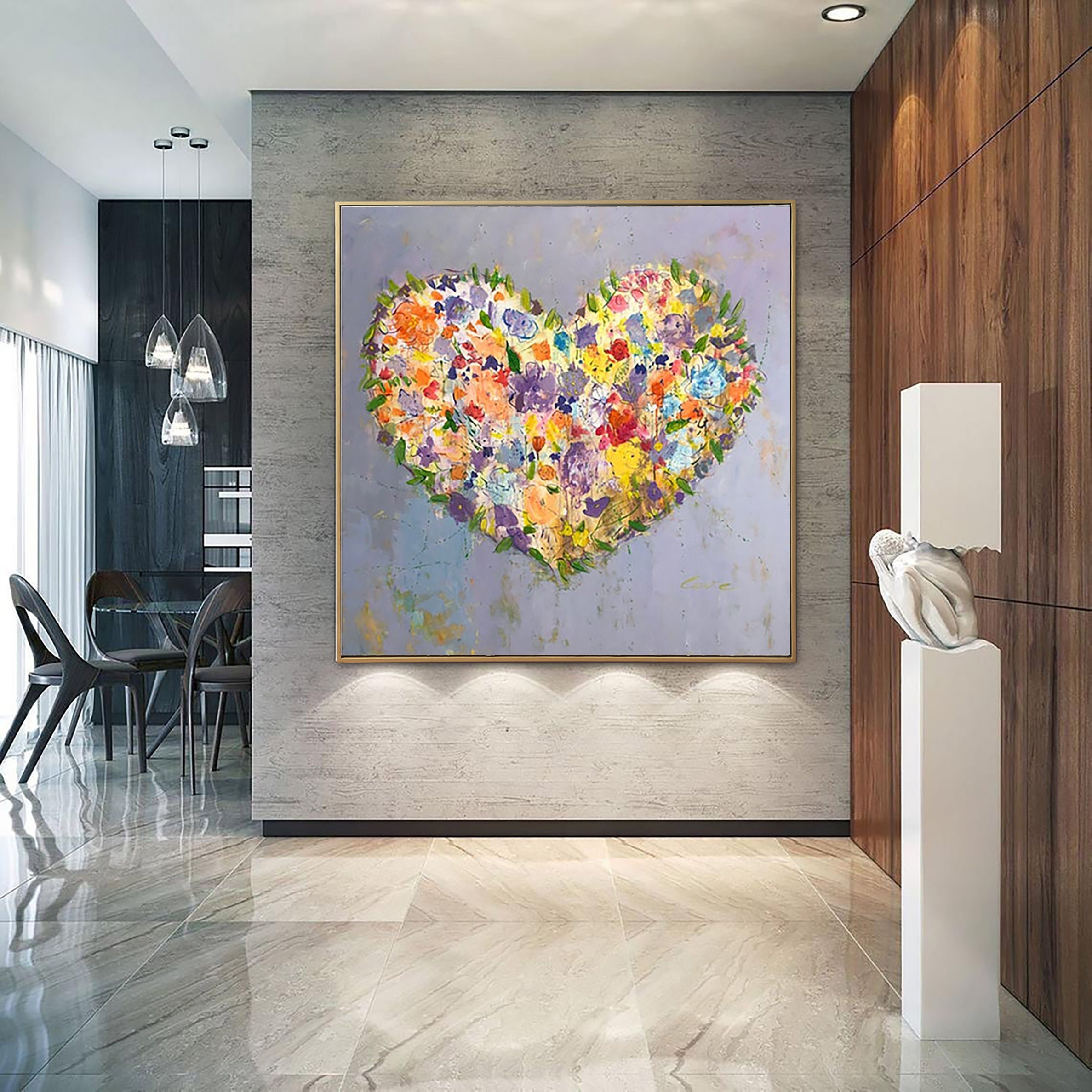 Abstract Flower Heart Painting on Canvas Romantic Colorful Etsy