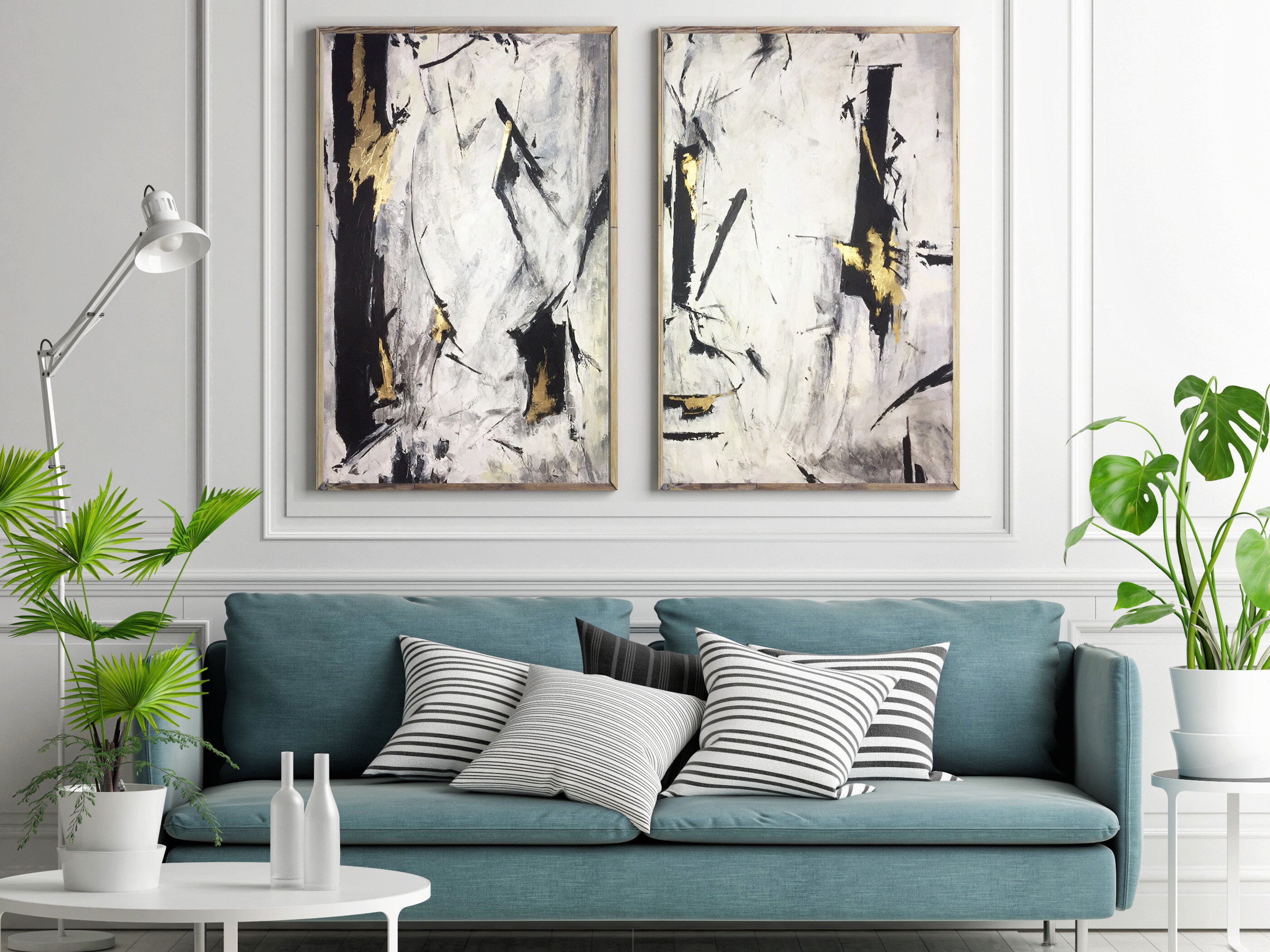 Oil Paint Canvas Set Abstract Art Set Of 2 Black White Etsy