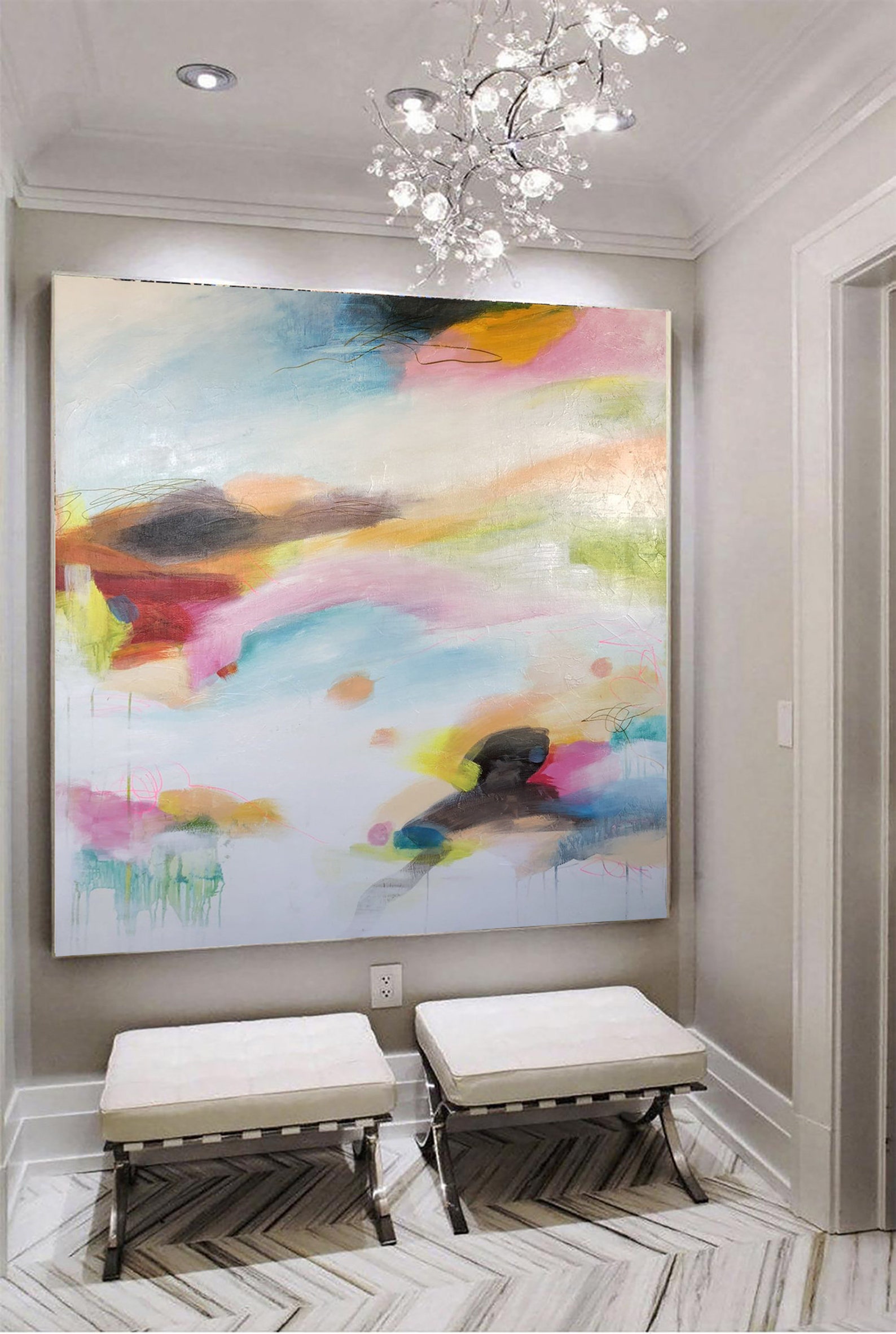 Large Wall Painting Colorful Pastel Painting on Canvas White Etsy