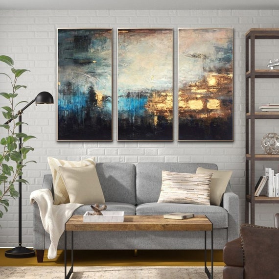 Champagne Wall Art Gold Leaf Painting Blue And Gray Painting Etsy