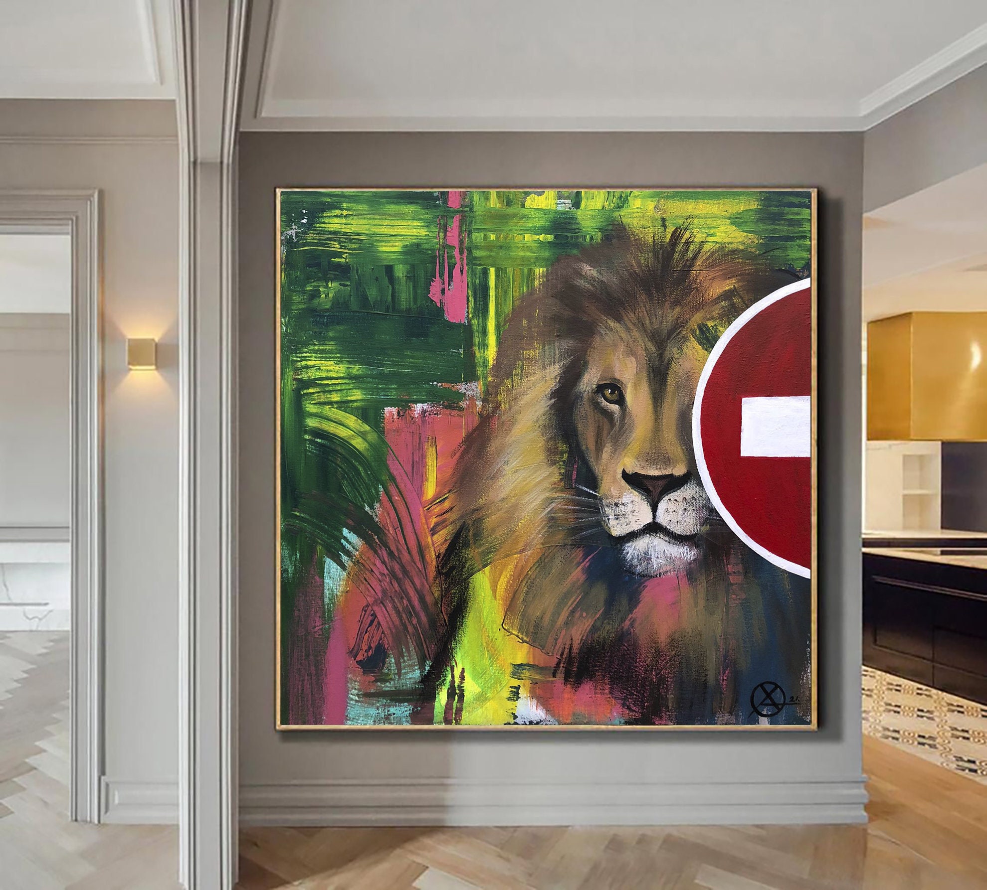 Large Abstract Lion Paintings on Canvas Original Green Acrylic Etsy