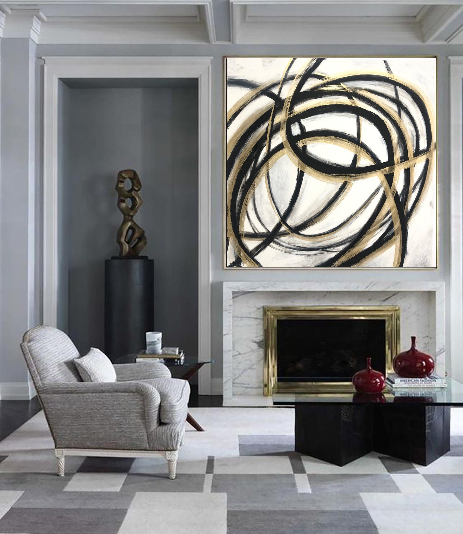 Oversized Framed Wall Art Black And White Paintings On Canvas Etsy