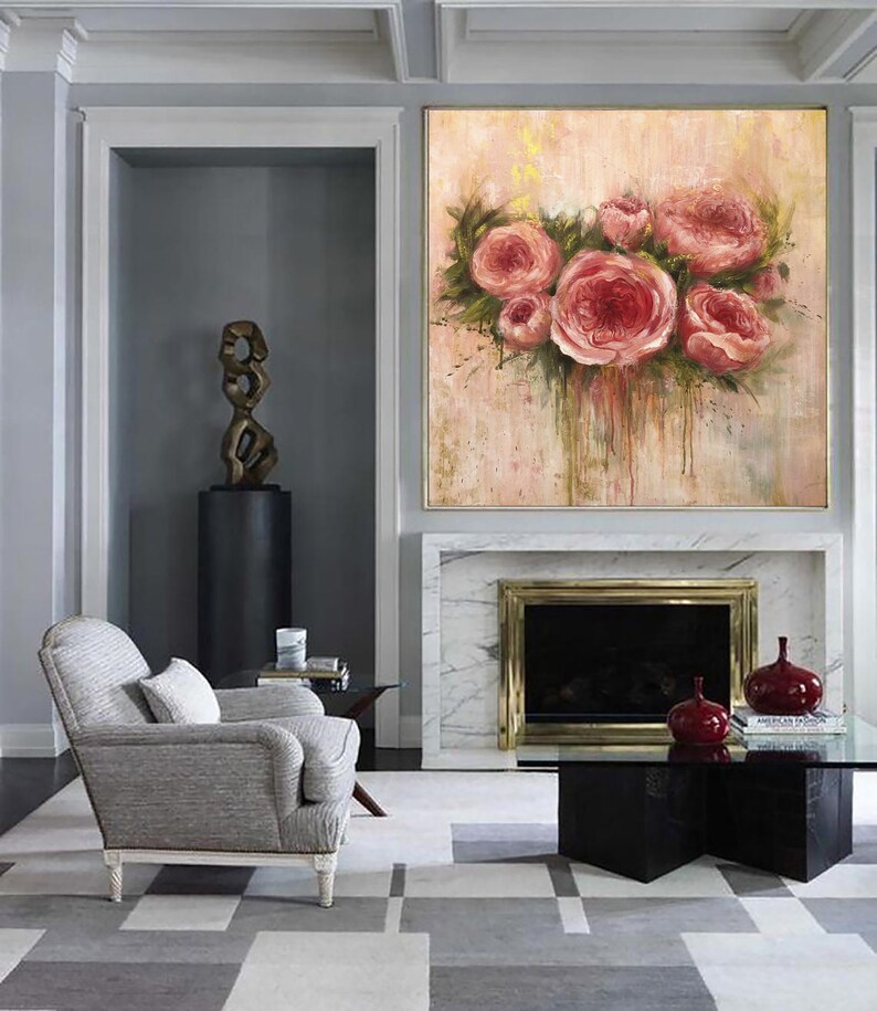 Extra grande pared arte flor pinturas sobre lienzo rosa flor | Etsy