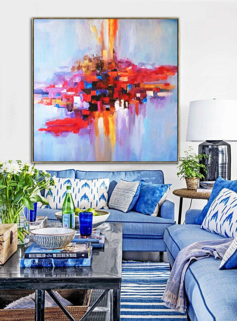 Original Large Painting Colorful Wall Art Light Blue Painting Etsy