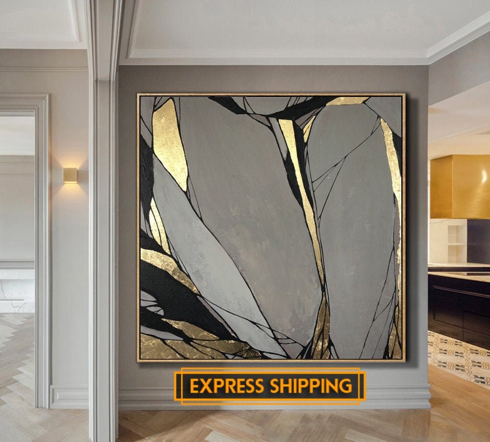Abstract Painting Original Large Gold Leaf Painting Gray Etsy