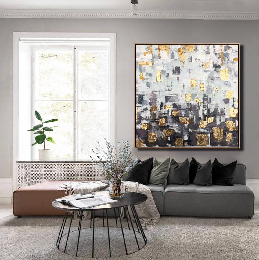Charcoal Wall Art Gold Leaf Abstract Painting White Wall Art Etsy