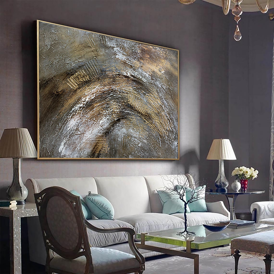 Abstract Oil Painting Canvas Brown Wall Art Gold Leaf Artwork Etsy