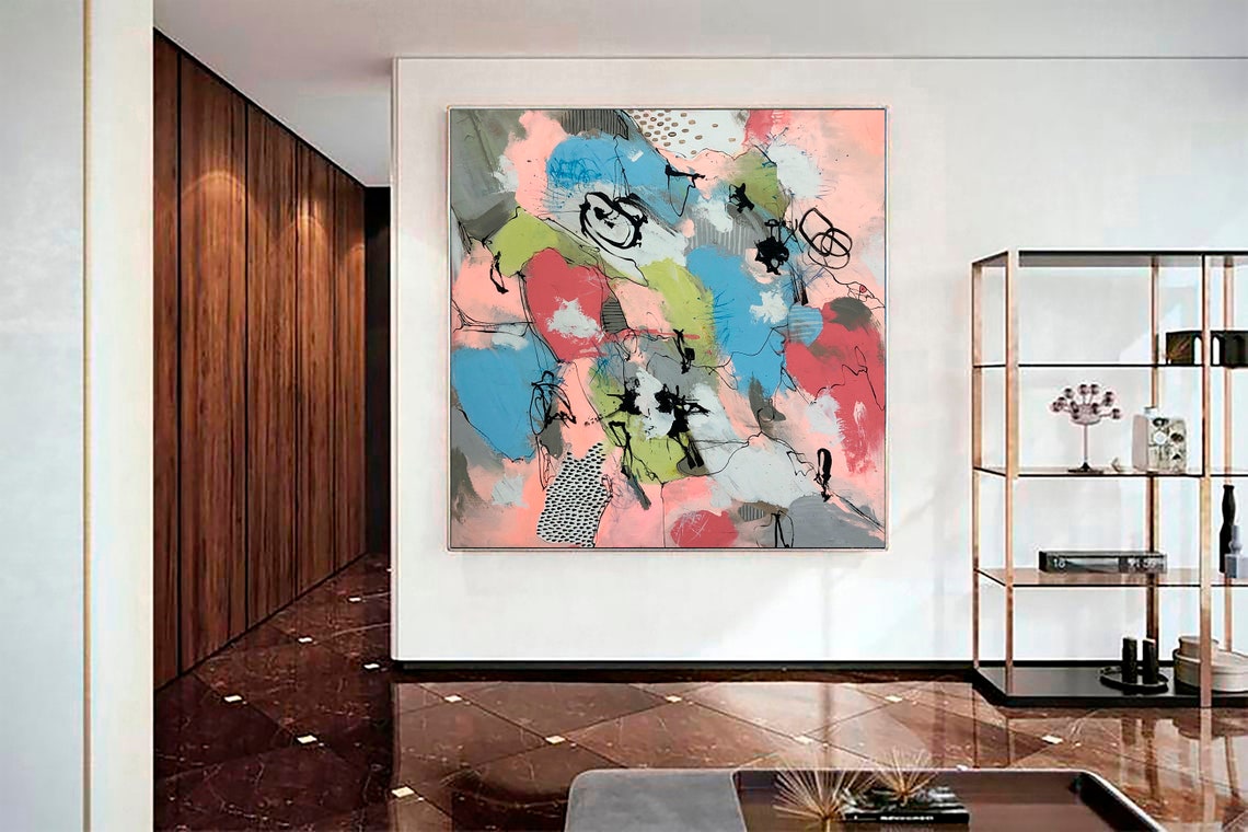 Abstract Colorful Painting in Pink Blue and White Colors Etsy