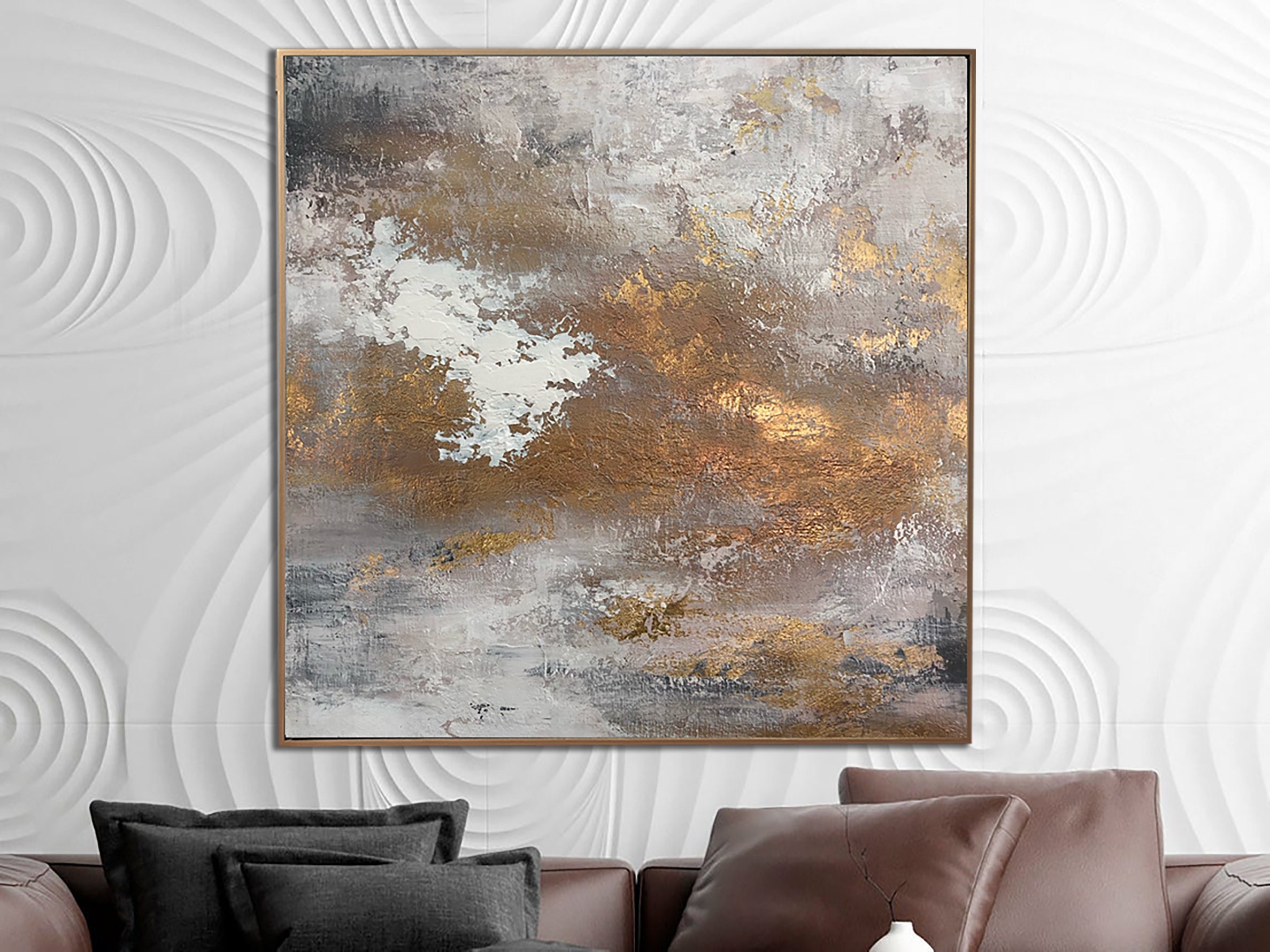 Abstract Oil Painting Gold Leaf Wall Art Heavy Textured Art Etsy