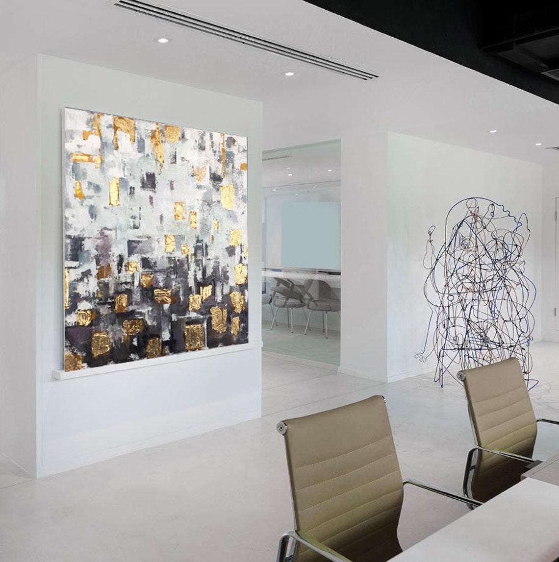 Charcoal Wall Art Gold Leaf Abstract Painting White Wall Art Etsy