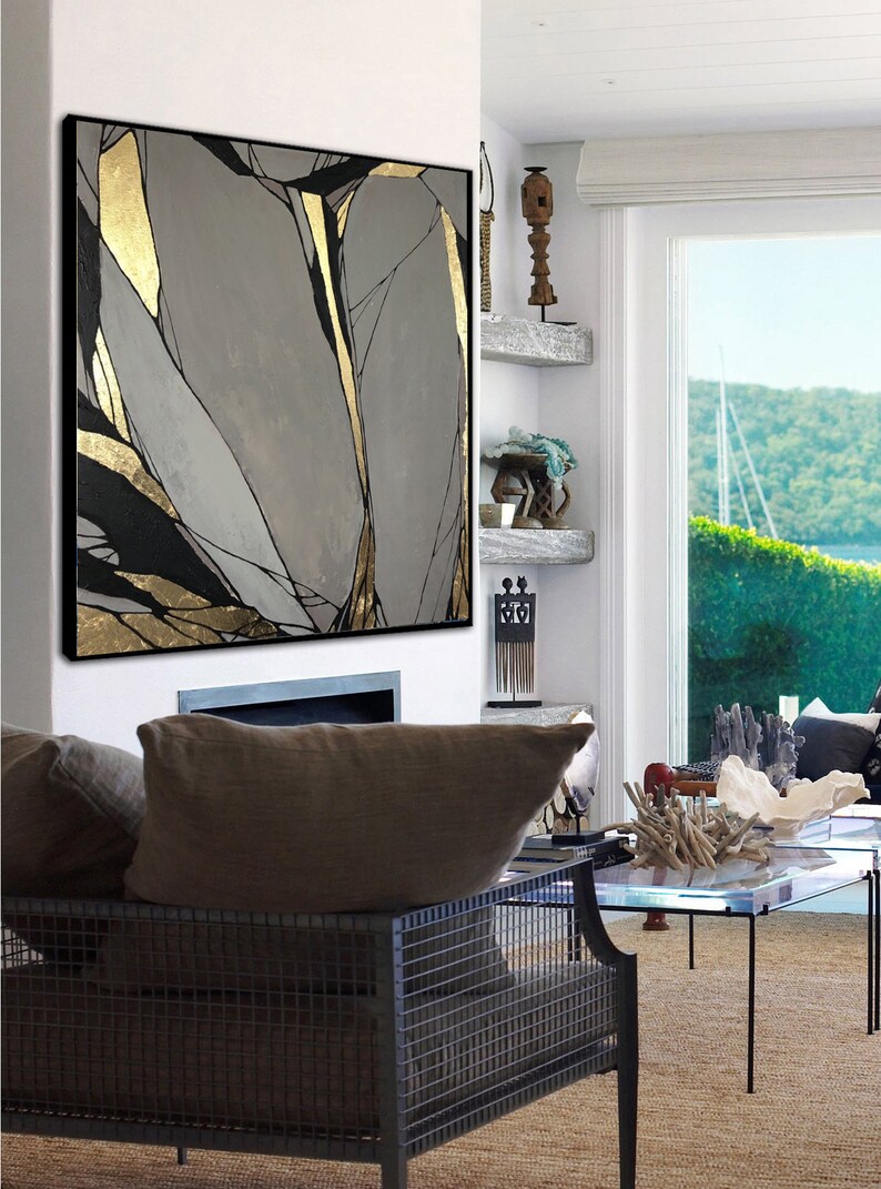 Abstract Painting Original Large Gold Leaf Painting Gray Etsy