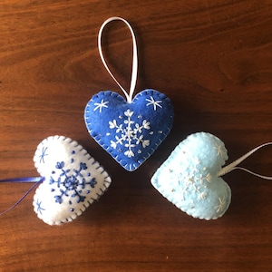 Set of 3 - felt heart ornaments, blue and white snowflake hearts, scandanavian ornaments, handmade embroidered heart ornaments