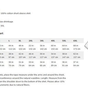 May include: T-shirt size chart with measurements in inches and centimeters. Sizes range from S to 6XL. Chest, waist, and length measurements are listed for each size.