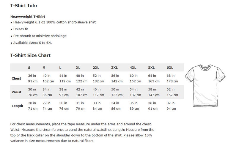May include: T-shirt size chart with measurements in inches and centimeters. Sizes range from S to 6XL. Chest, waist, and length measurements are listed for each size.