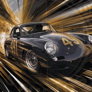 May include: Illustration of a classic black sports car with gold racing numbers 49 and 491 on the bonnet and side. The car is racing on a track with a gold and black motion blur effect, suggesting speed and movement.
