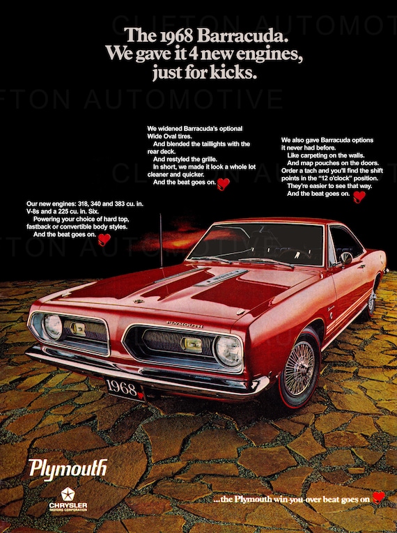 1968 Plymouth Barracuda Print Ad - Restored and Enlarged Reprint