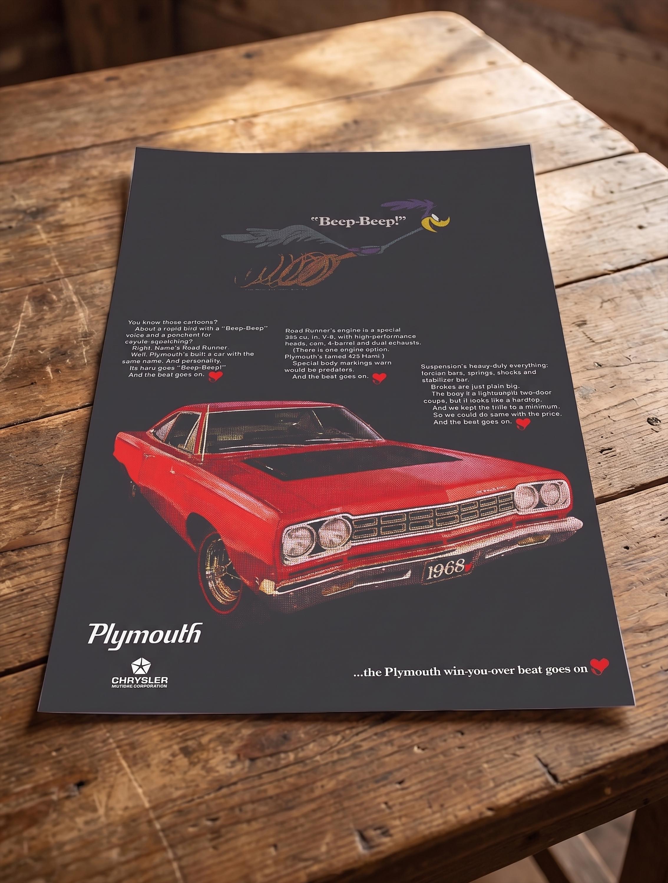 1968 Plymouth Road Runner Poster | Vintage Mopar Print Ad Wall Art