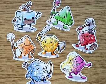 May include: A collection of colorful, cartoon-style dice stickers, each with a unique design and expression. The dice are various shapes, including cubes, pyramids, and multi-sided dice, with weapons and accessories. The stickers are on a wooden surface.