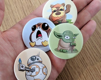 Star Wars Badge Pack, Star Wars pin badges, BB-8 badge, Porg Badge, Yoda Badge, Ewok Badge, Cute pin badges, cartoon pin badges