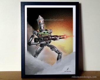 Star Wars Mandalorian Print, Baby Yoda with IG-11 Print, IG-11 illustration,  IG-88 Print, Star Wars Gift, Star Wars Poster, Star Wars,