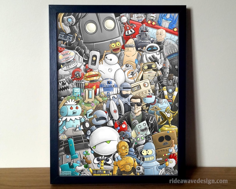 May include: A colorful illustration of a variety of robots and characters, including R2-D2, Wall-E, and a robot with a red and white striped body. The robots are all in different poses and expressions, and some are holding tools or weapons. The background is a black and white checkered pattern.