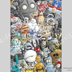 May include: A colorful illustration featuring a variety of robots and characters from popular science fiction movies and television shows. The robots are depicted in a variety of poses and expressions, and the overall image is whimsical and fun.