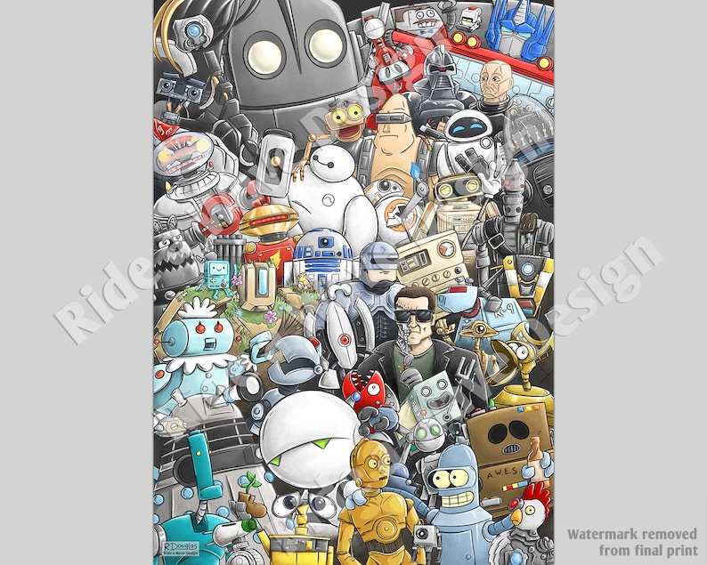 May include: A colorful illustration featuring a variety of robots and characters from popular science fiction movies and television shows. The robots are depicted in a variety of poses and expressions, and the overall image is whimsical and fun.