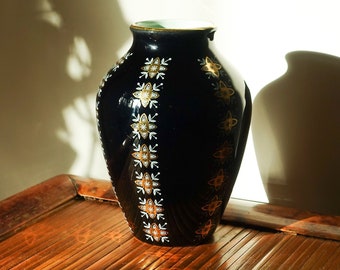 Mid Century Marzi & Remy West German Pottery Vase Black Glaze Mint Green Interior Gold Pattern 1960s Ceramics 10/40 15