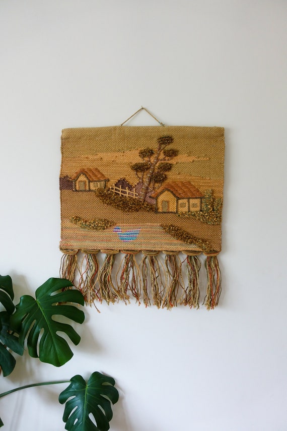 Vintage Jute Woven Wall Hanging Textured Fringed Textile Wall Art